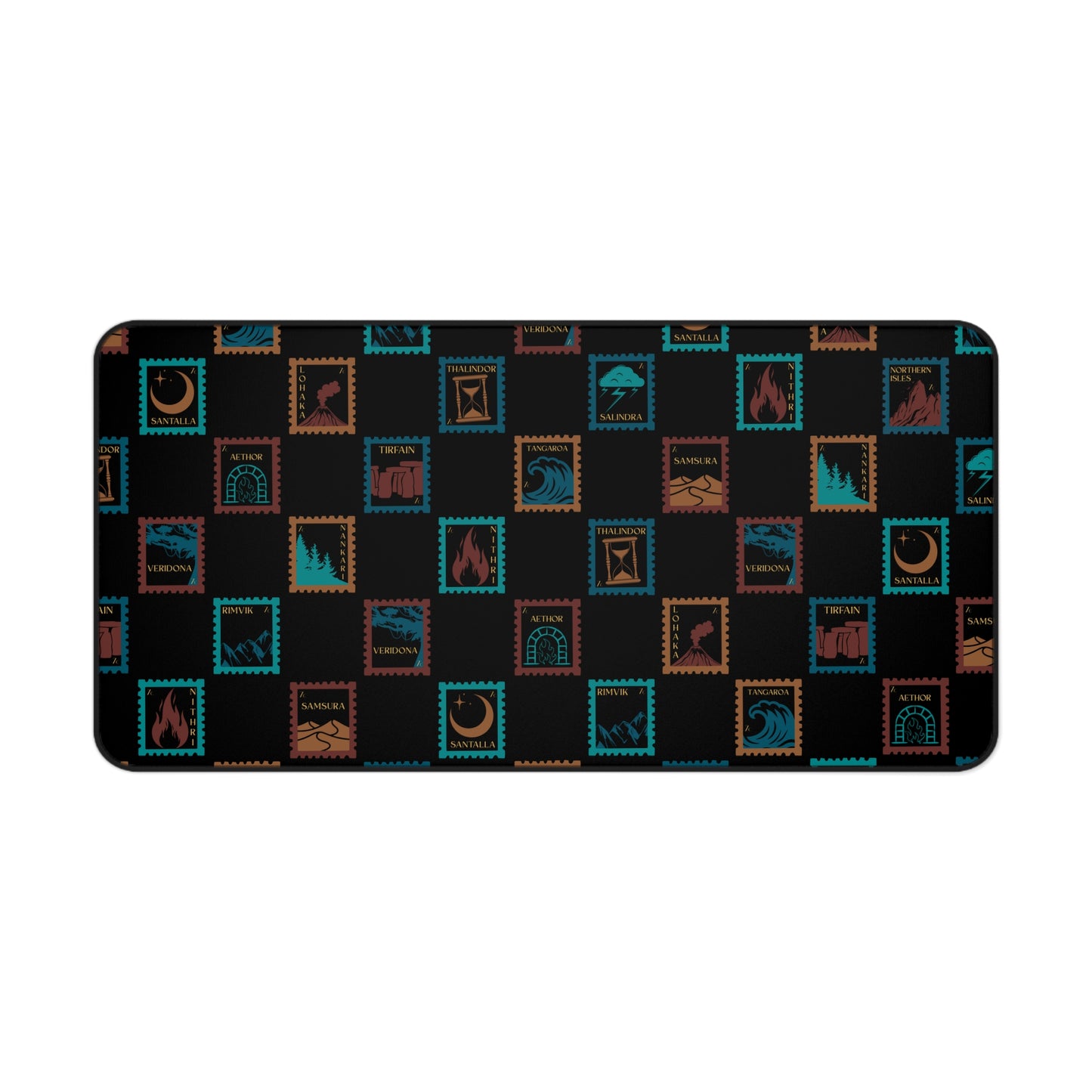 Severed Oaths themed. Patterned desk mat with various stamp symbols on a black background