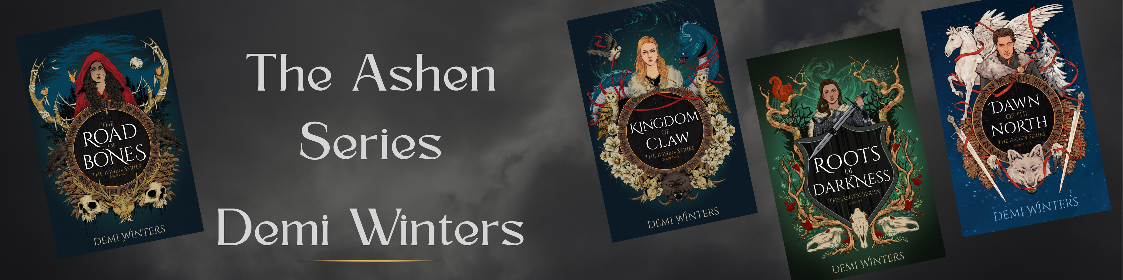Promotional banner for 'The Ashen Series' by Demi Winters featuring book covers.