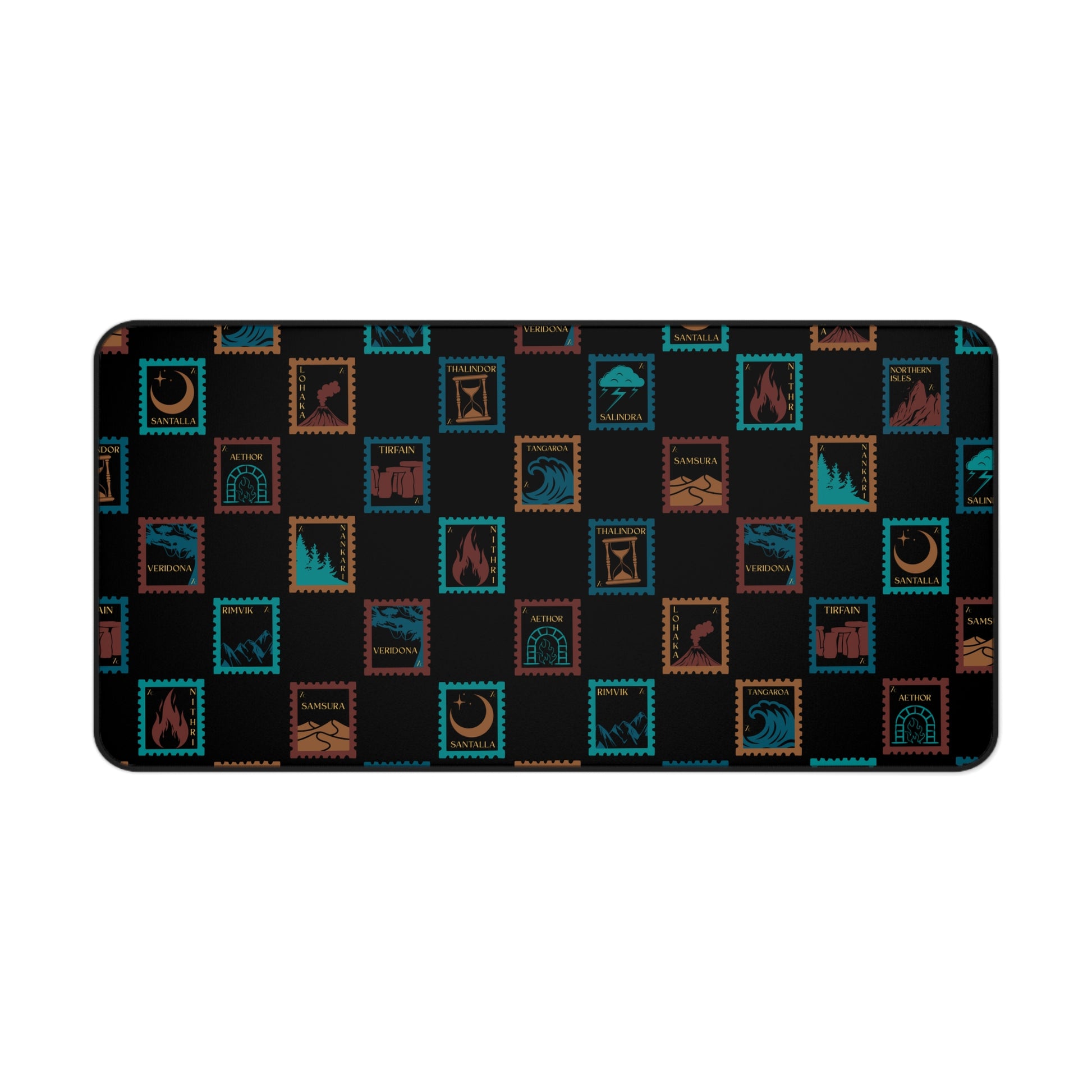 Severed Oaths themed. Patterned desk mat with various  stamp symbols on a black background
