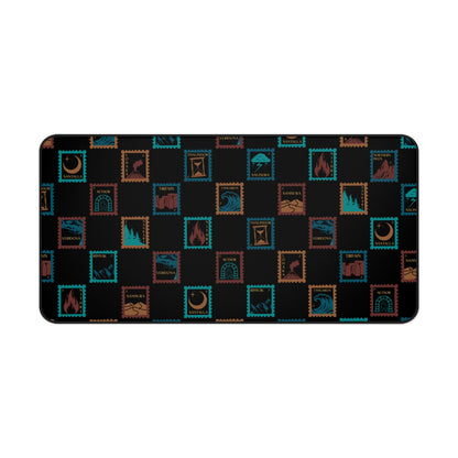 Severed Oaths themed. Patterned desk mat with various  stamp symbols on a black background
