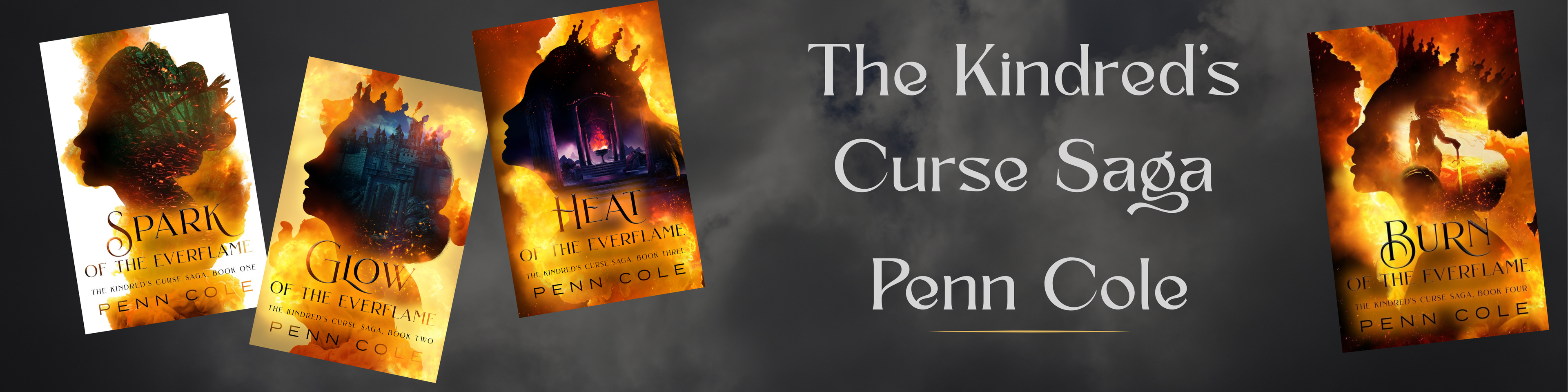 Promotional banner for 'The Kindred's Curse Saga' by Penn Cole featuring book covers.