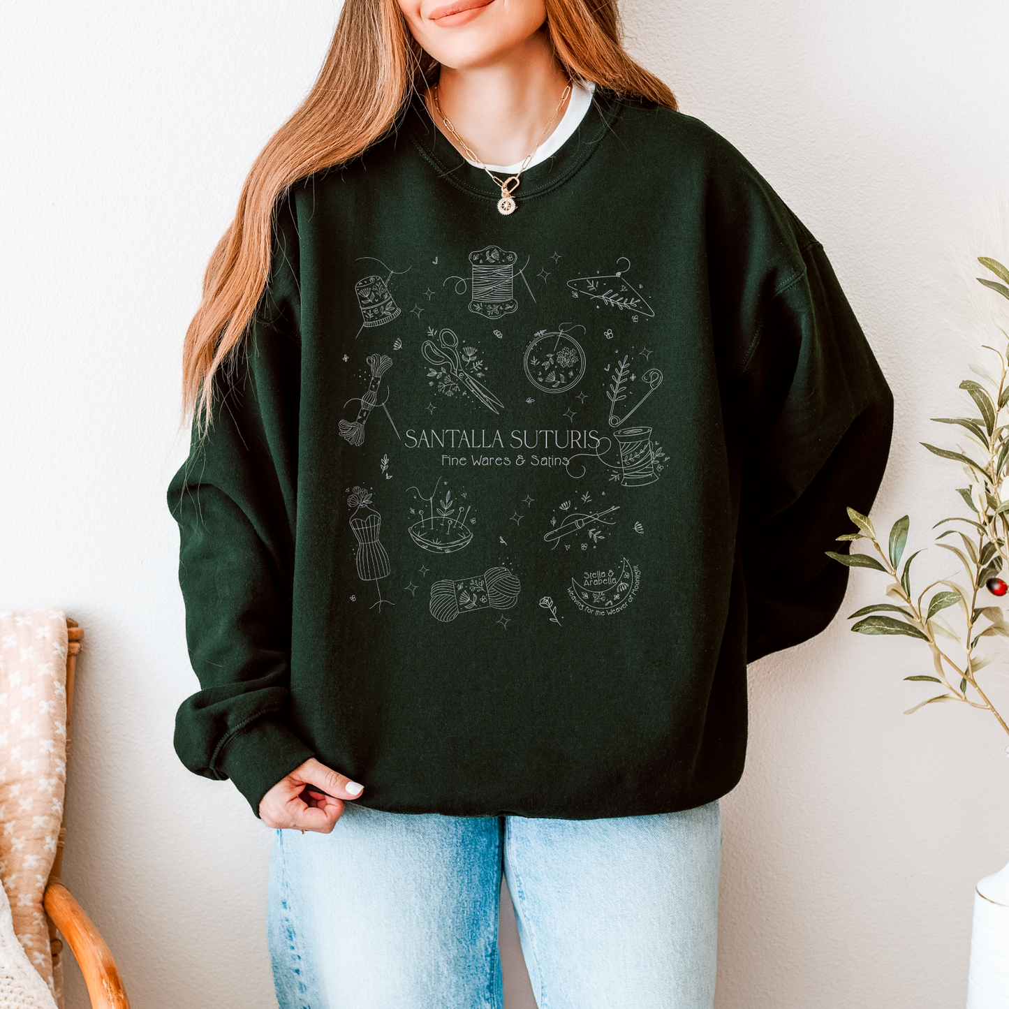 Model wearing of forest green Tailor sweatshirt, inspired by Orin Steele