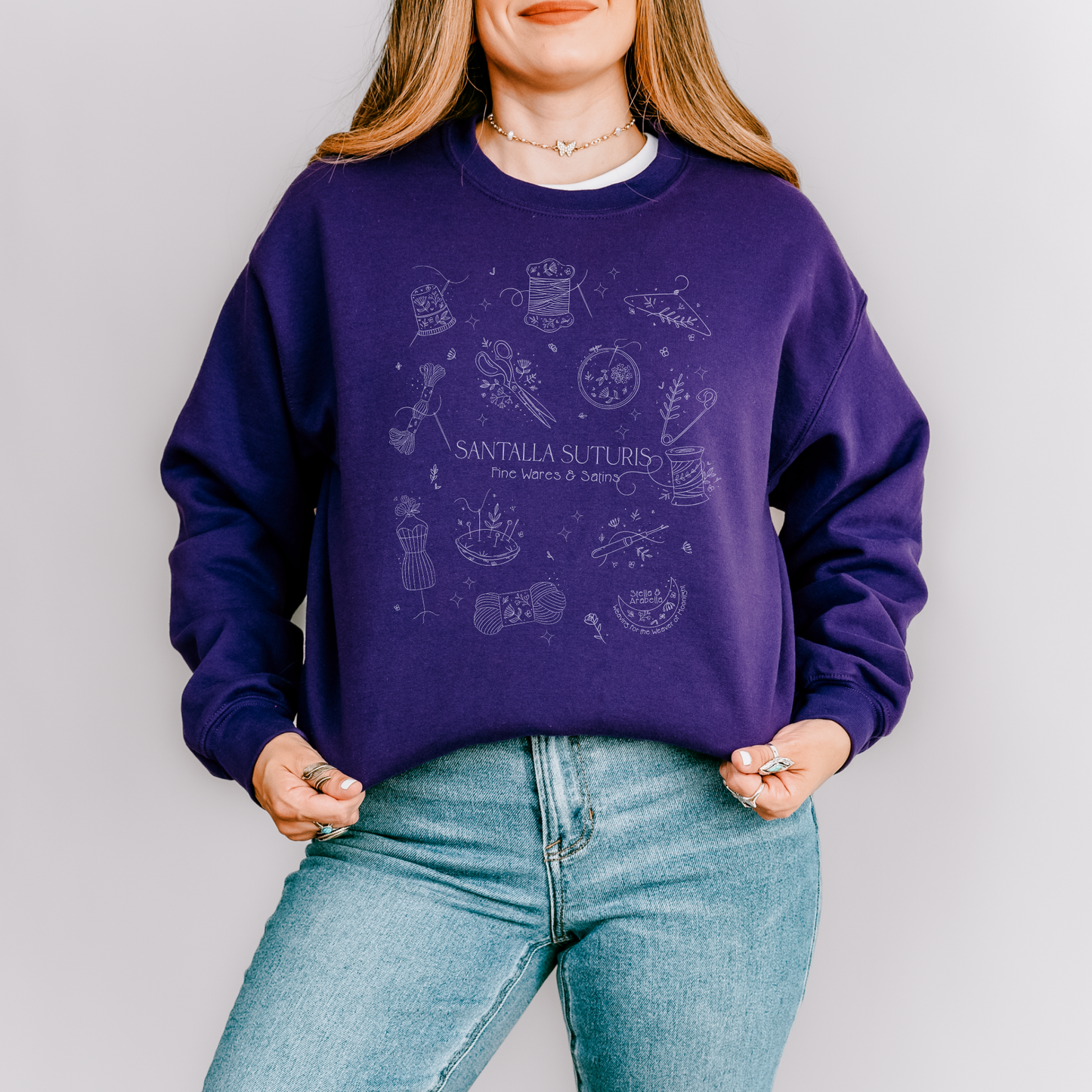 Model wearing of purple Tailor sweatshirt, inspired by Orin steele